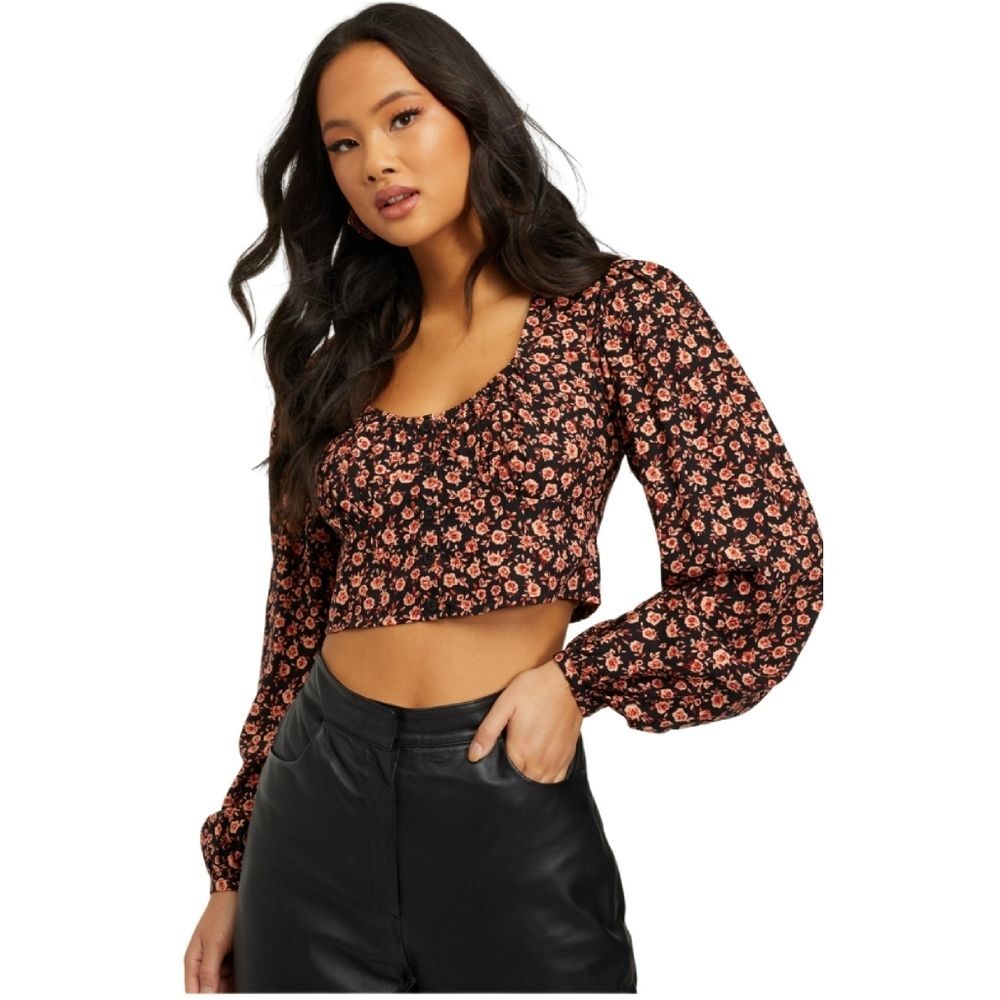 NWT Motel Glario Floral Long Sleeve Crop Top, XS, Black/Pink